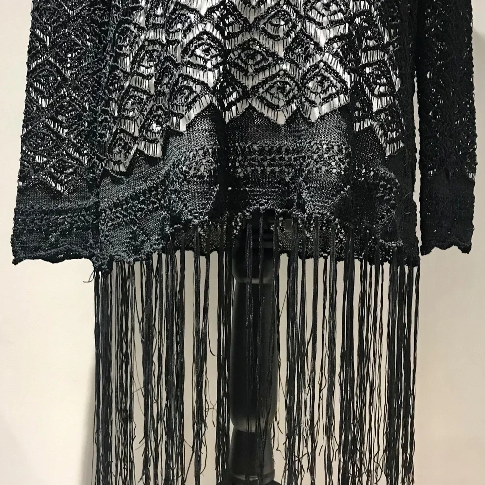 Colleen Lopez Black Sheer Lace Crochet Fringe Tunic Cover Up Top Size Large